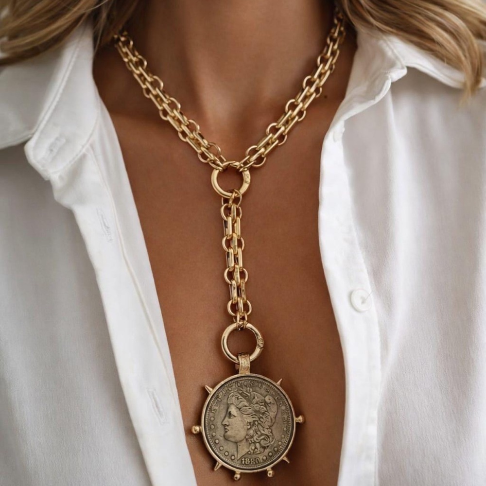 Vintage Gold 1880 Coin Statement Necklace Y Lariat - Picture 7 of 7